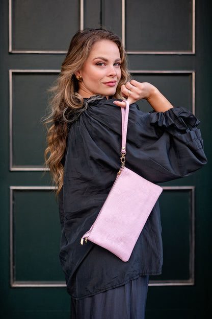 Verona Slim Leather Crossbody Clutch – Pastel Pink