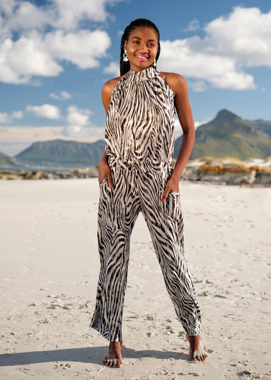 Halterneck jumpsuit, Black with Silver Animal print - wide leg