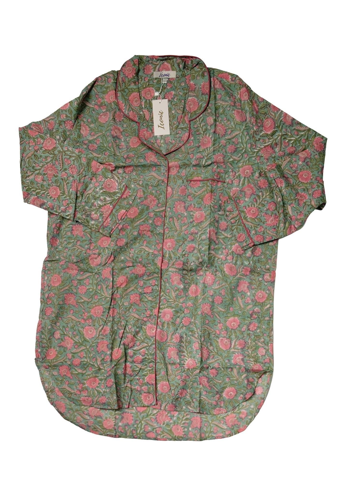 Long Sleeve Sleepshirt in Green with Pink Flowers