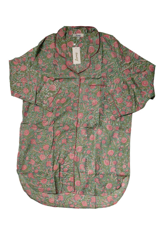 Long Sleeve Sleepshirt in Green with Pink Flowers