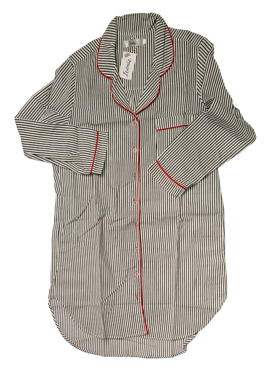 Long Sleeve Sleepshirt in Black and White Stripes with Red Piping