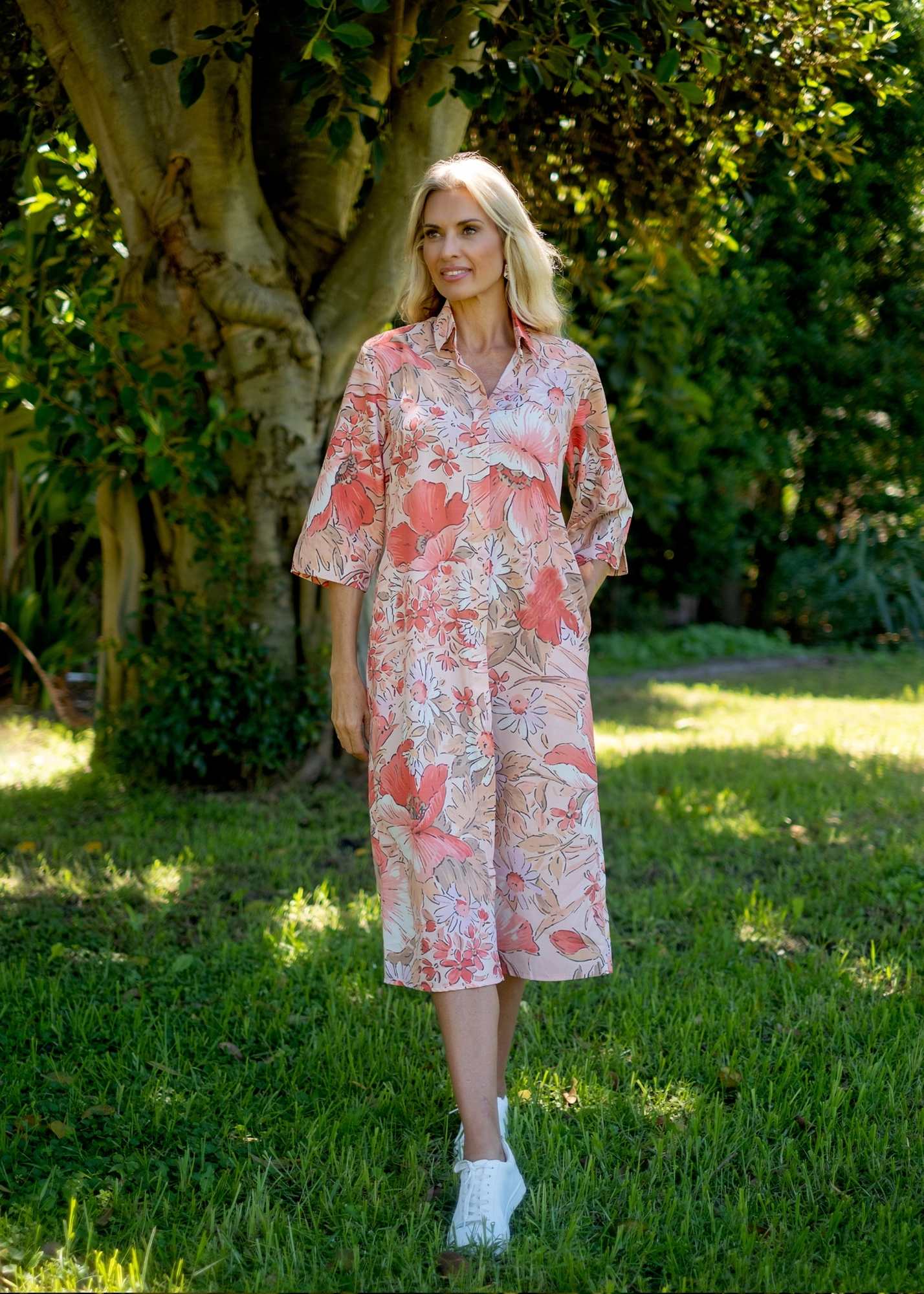Betty Button dress in Coral Floral (A-Line)  ***PRE-ORDER*** AVAILABLE 31 OCTOBER 2025
