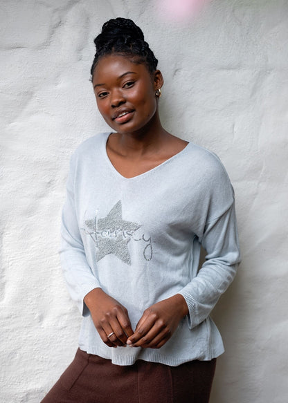 Honey Star Embellished V-Neck Knitted Top – Chambray