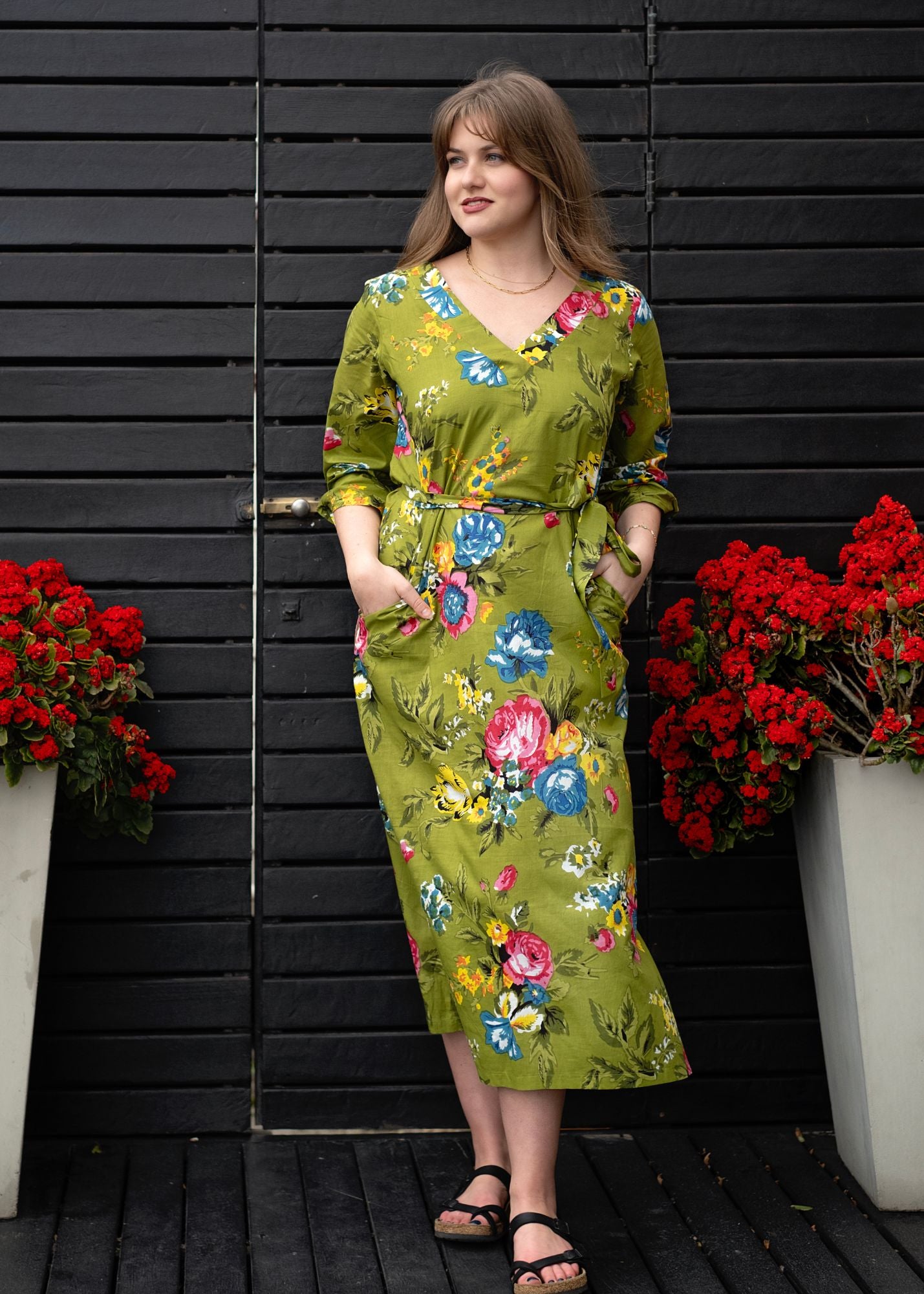 Gloria Dress with Tucked Sleeve Detail in Green Garden