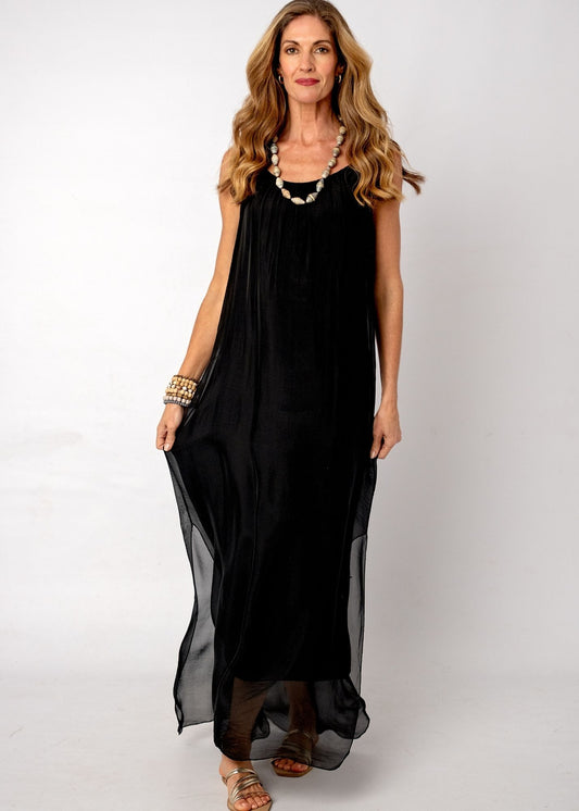 Sophia 100% Silk Flow Strappy Dress in Black