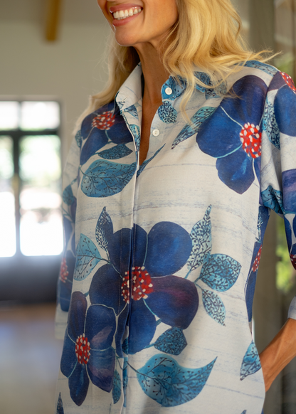 Betty Button dress in Blue Flower (A-Line) ***PRE-ORDER*** AVAILABLE 31 OCTOBER 2025
