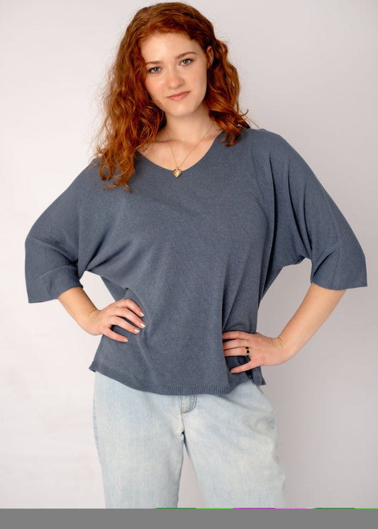 Slouchy Susan Knitted 3/4 Sleeve Top in Blue Grey