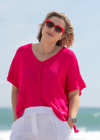 Riviera Summer Knit Top with Pockets in Fuchsia
