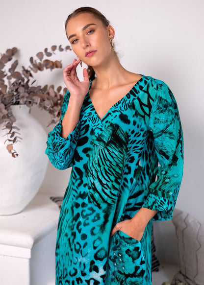Gloria Dress with Tucked Sleeve Detail in Turquoise Animal Print