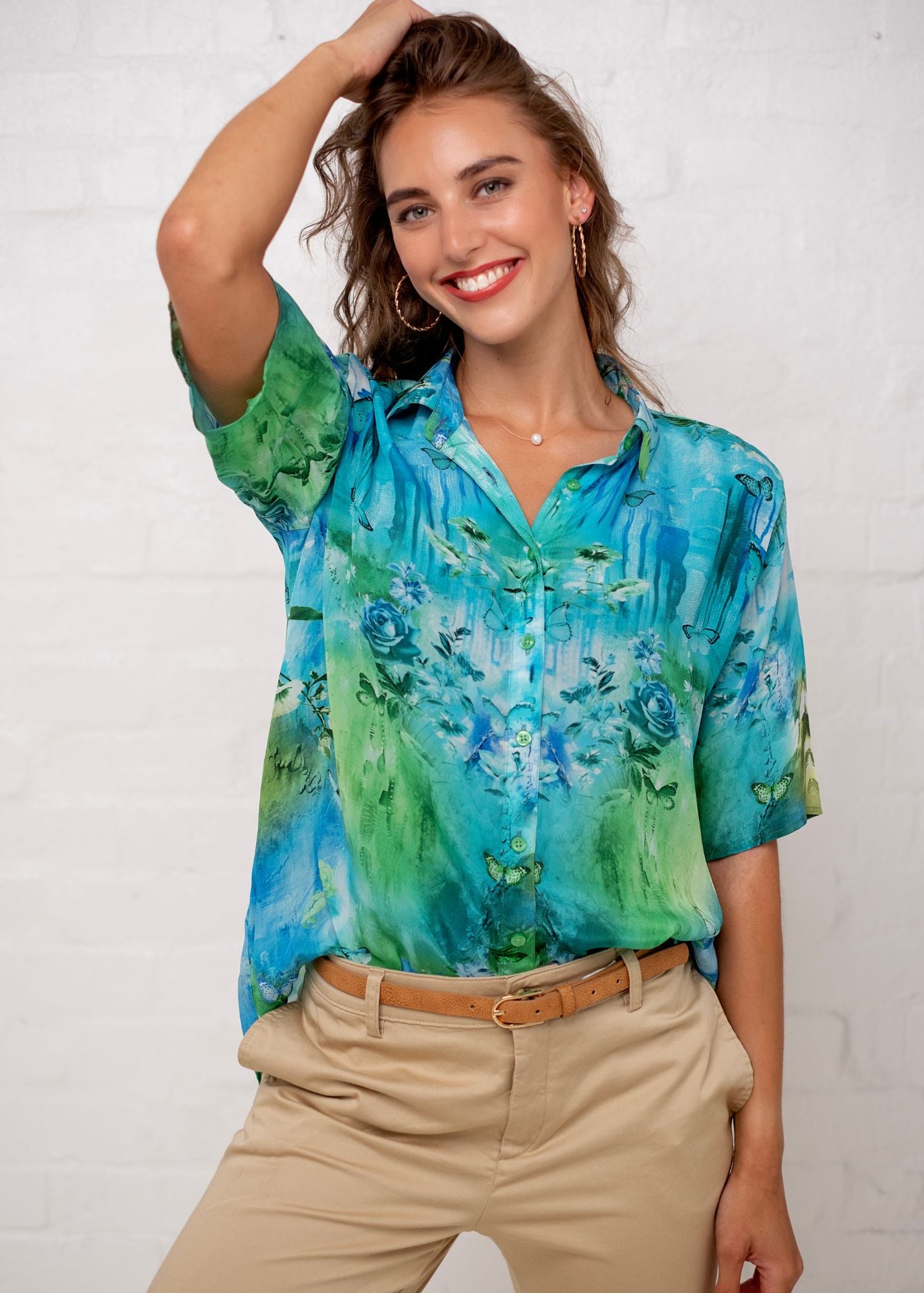 Molly Button down blouse in Green and Turquoise