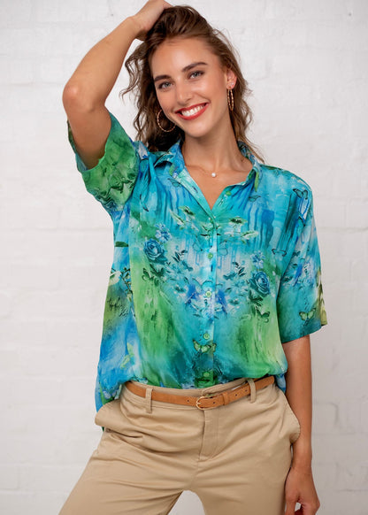 Molly Button down blouse in Green and Turquoise