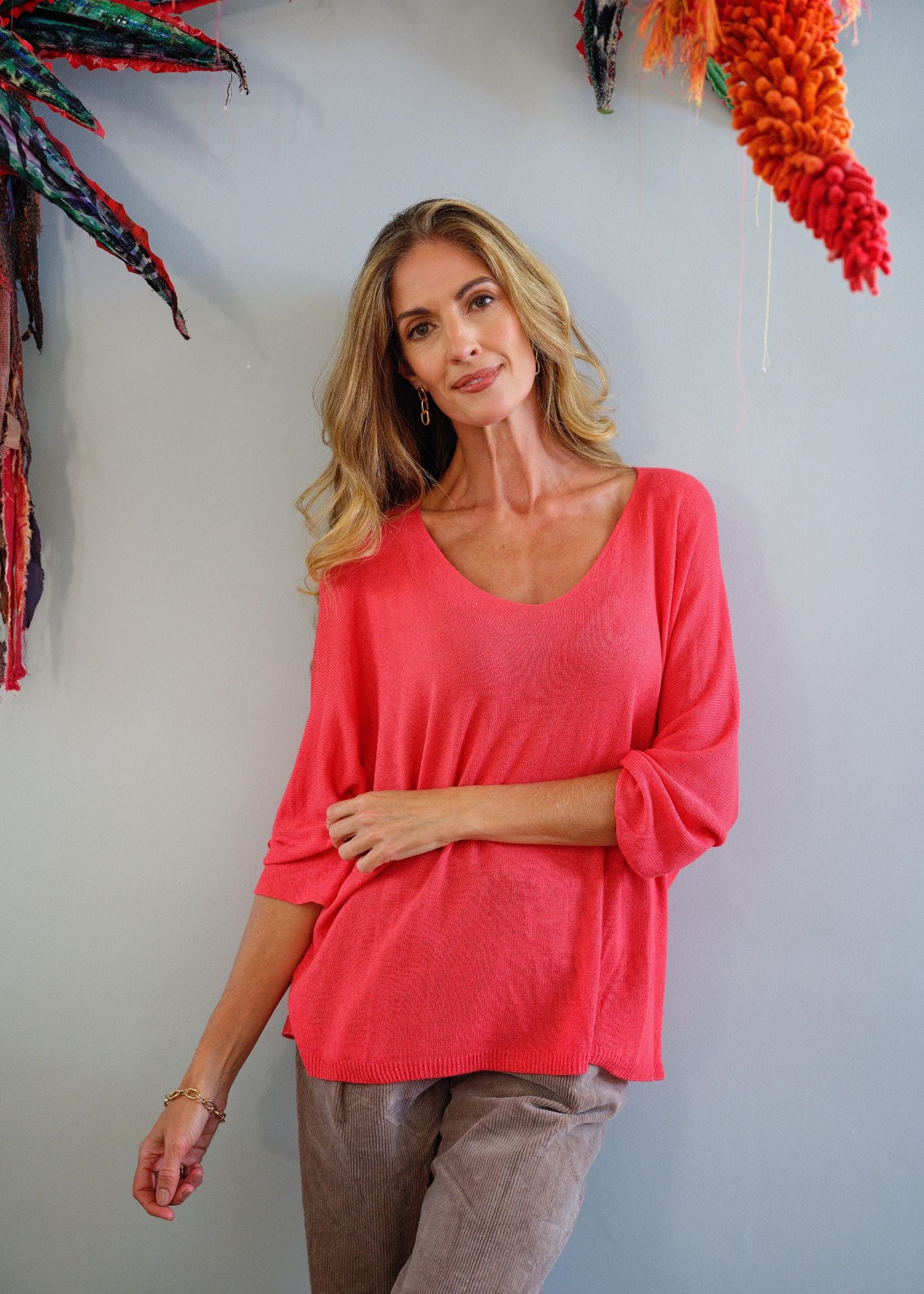 Slouchy Susan Knitted 3/4 Sleeve Top in Coral
