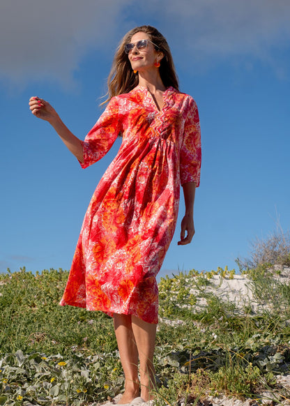 Lee-Ann pleated dress Long,  Tangerine Hibiscus