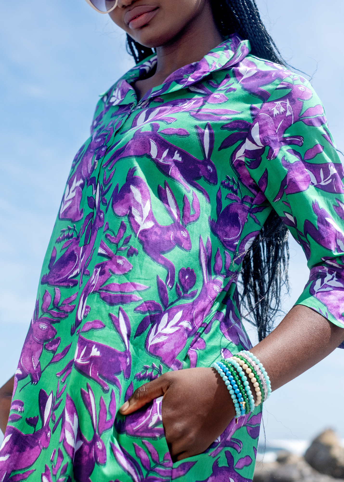 Gaby shirt dress in Green with purple bunnies