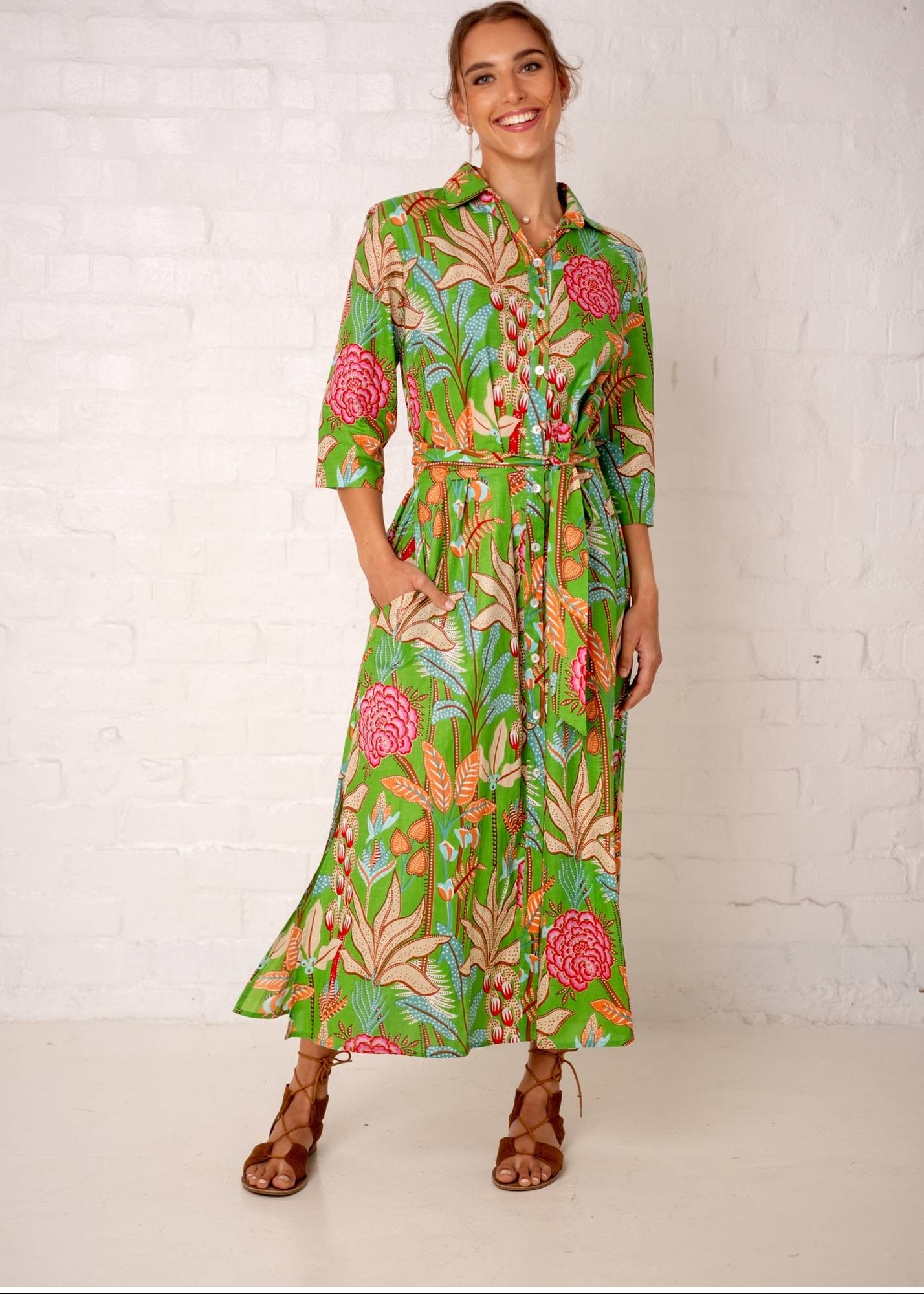 Betty Button dress, Green and Coral Garden