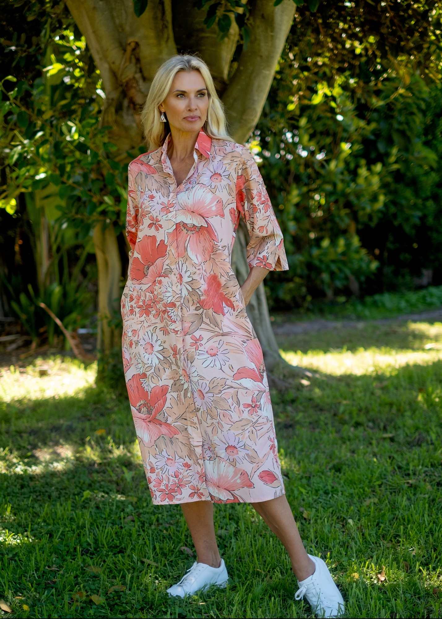 Betty Button dress in Coral Floral (A-Line)  ***PRE-ORDER*** AVAILABLE 31 OCTOBER 2025