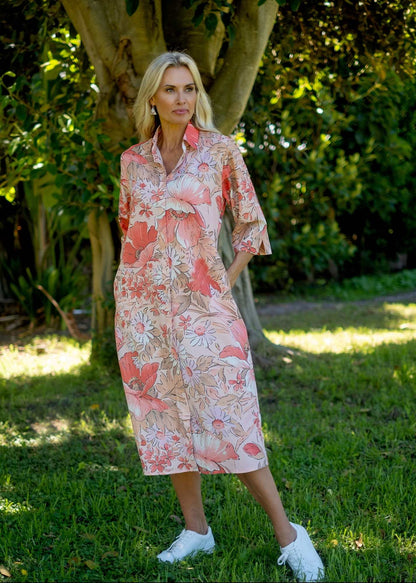 Betty Button dress in Coral Floral (A-Line)  ***PRE-ORDER*** AVAILABLE 31 OCTOBER 2025