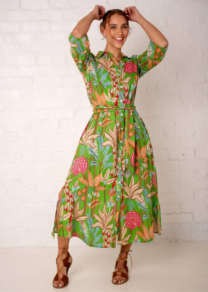 Betty Button dress, Green and Coral Garden