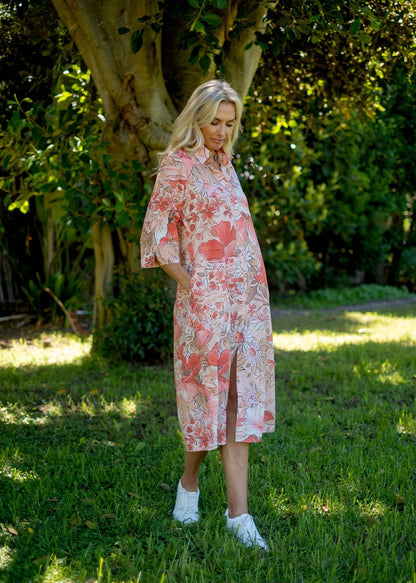 Betty Button dress in Coral Floral (A-Line)  ***PRE-ORDER*** AVAILABLE 31 OCTOBER 2025