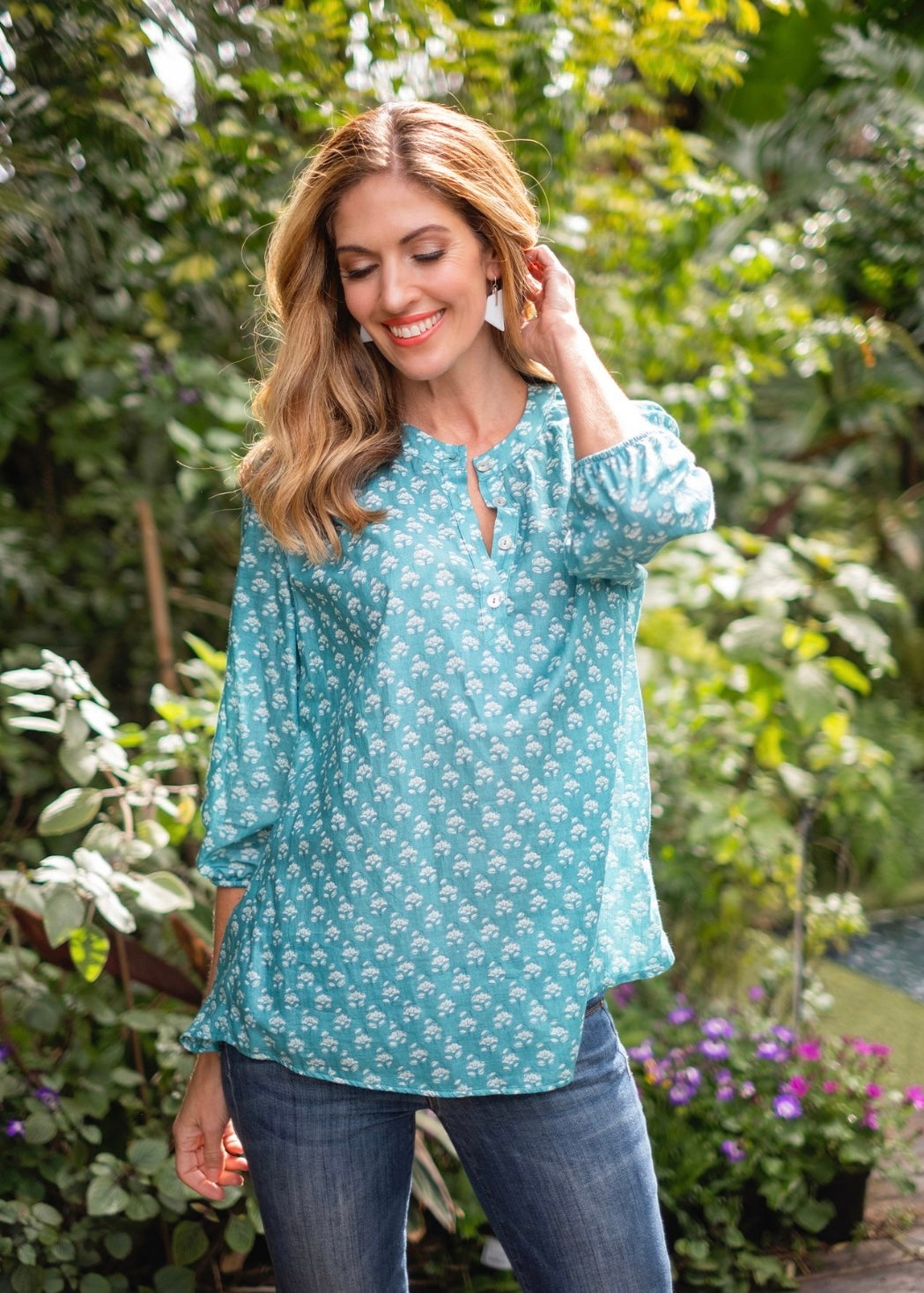 Lauren Comfy top, Turquoise with white