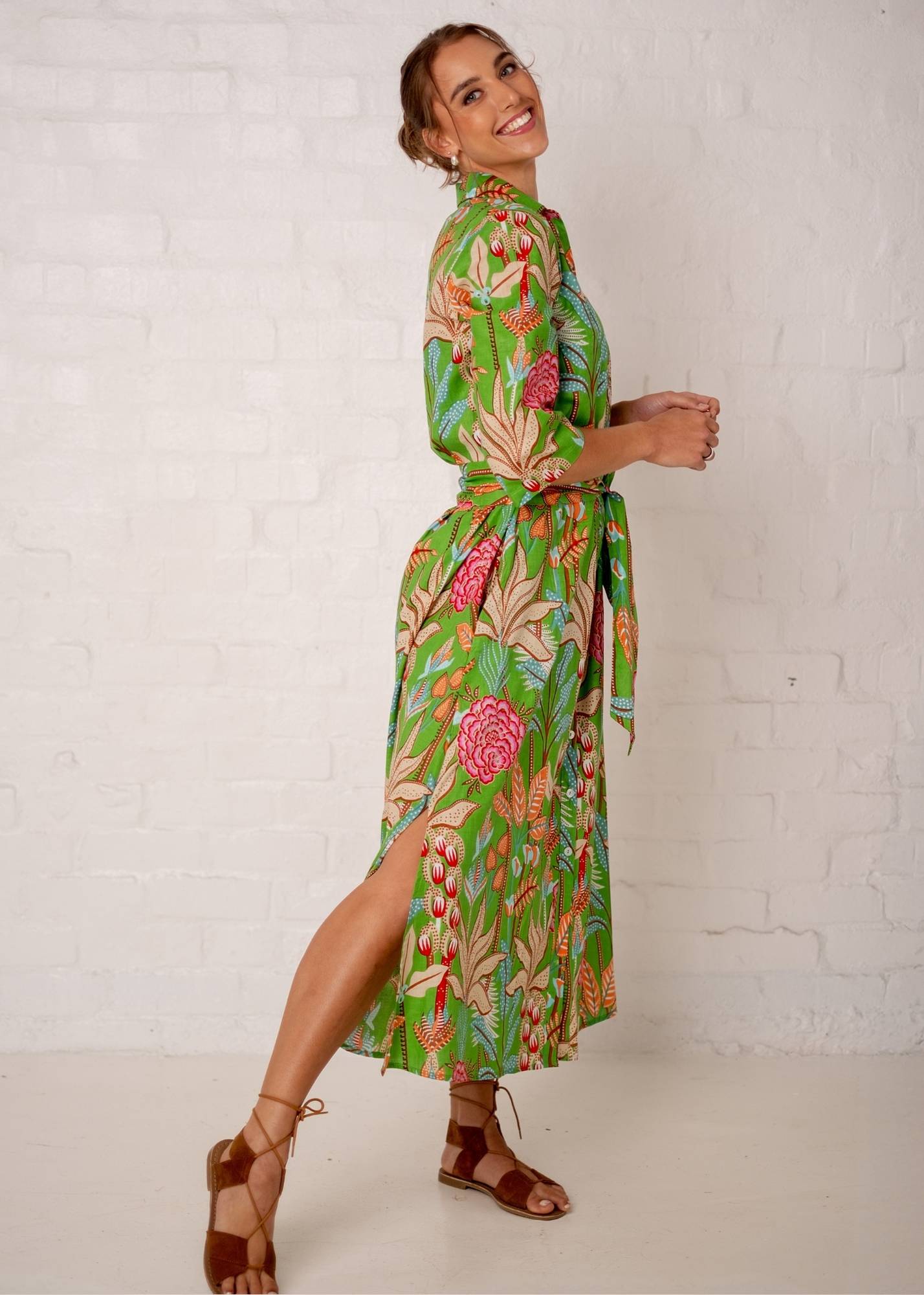 Betty Button dress, Green and Coral Garden
