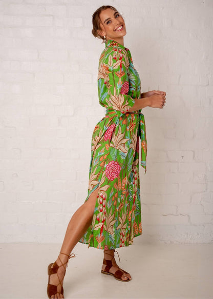 Betty Button dress, Green and Coral Garden