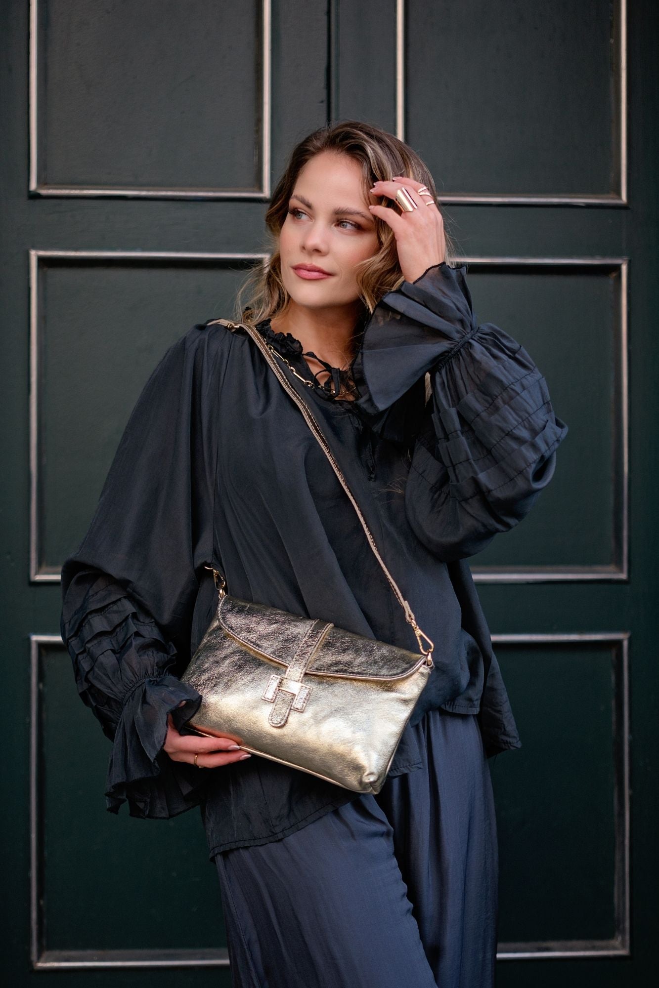 Capri Leather Crossbody Bag – Gold Shimmer