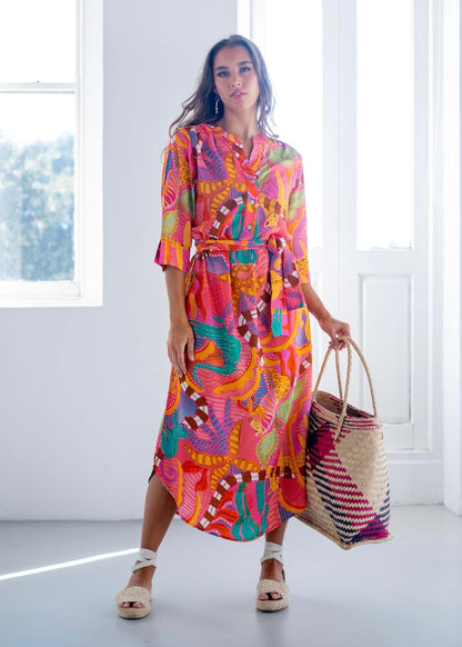 Fergie Cuffed Sleeve  Dress, Pink Jungle