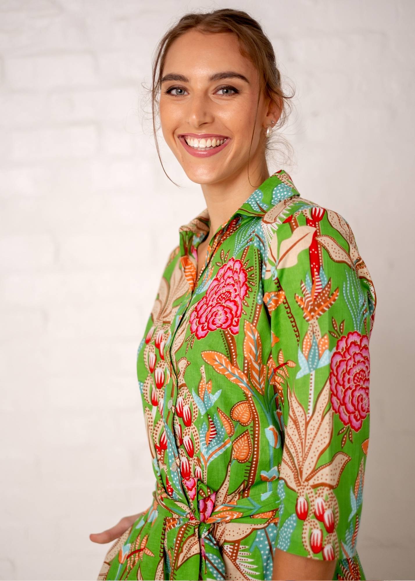 Betty Button dress, Green and Coral Garden