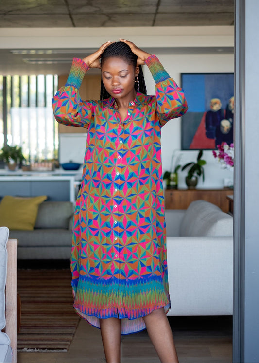 Delia Dress with Puff Sleeve in Colourful Triangles