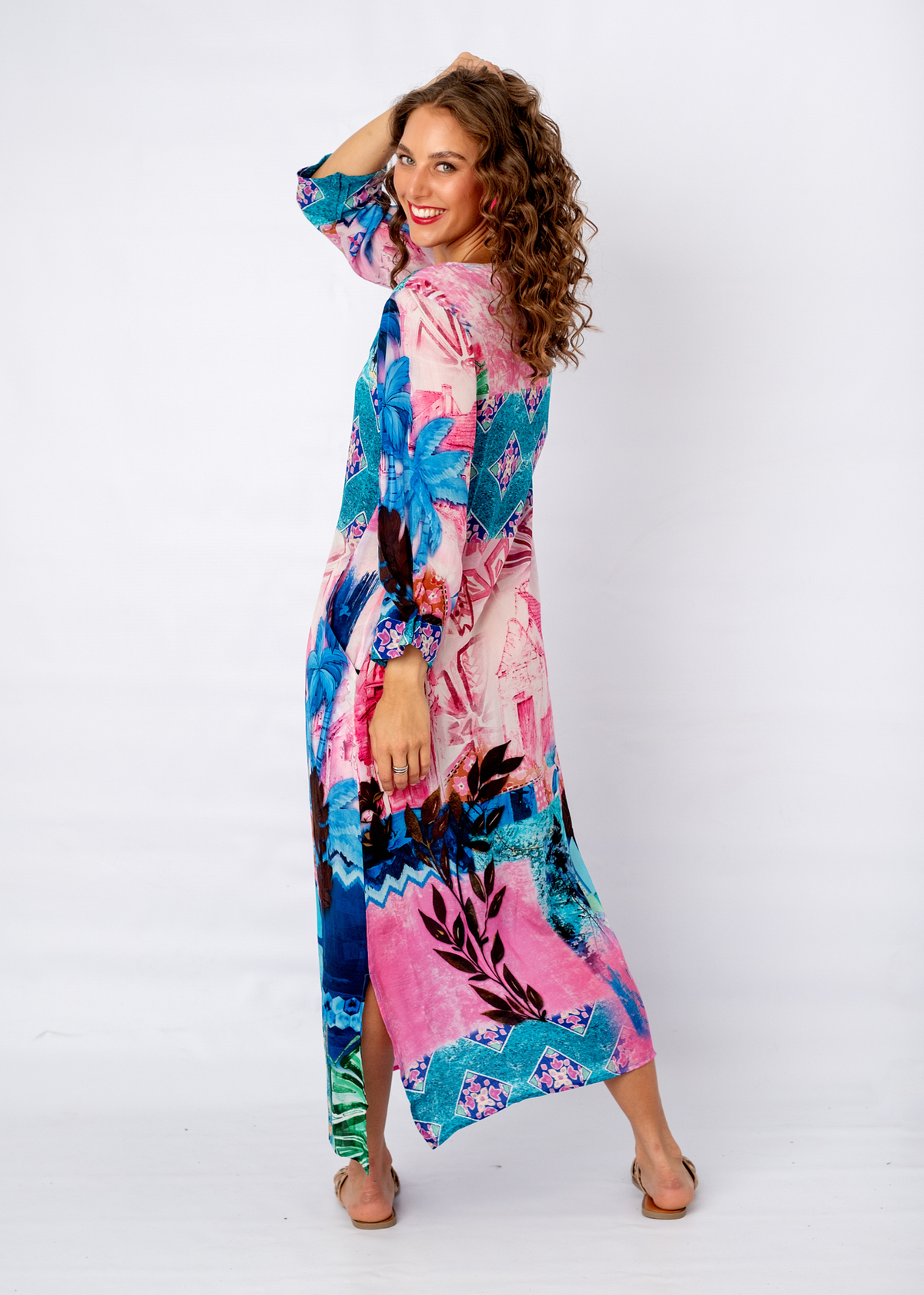 Gloria Dress in Turquoise and Pink Tile Print