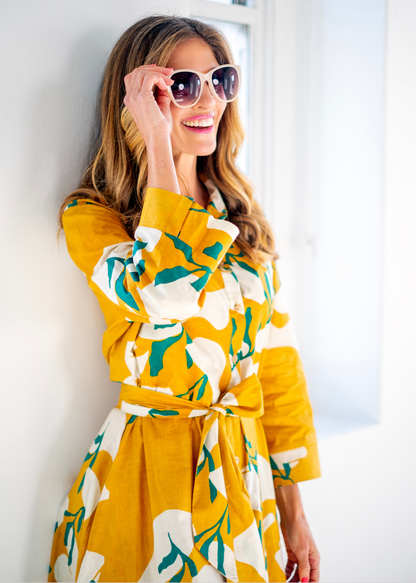 J-LO Dress, Mustard with Green Leaves