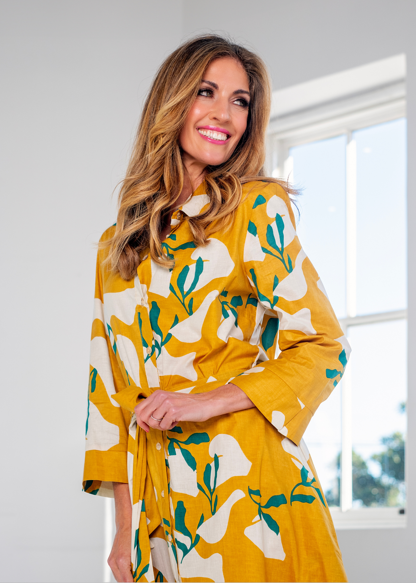 J-LO Dress, Mustard with Green Leaves