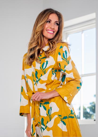J-LO Dress, Mustard with Green Leaves