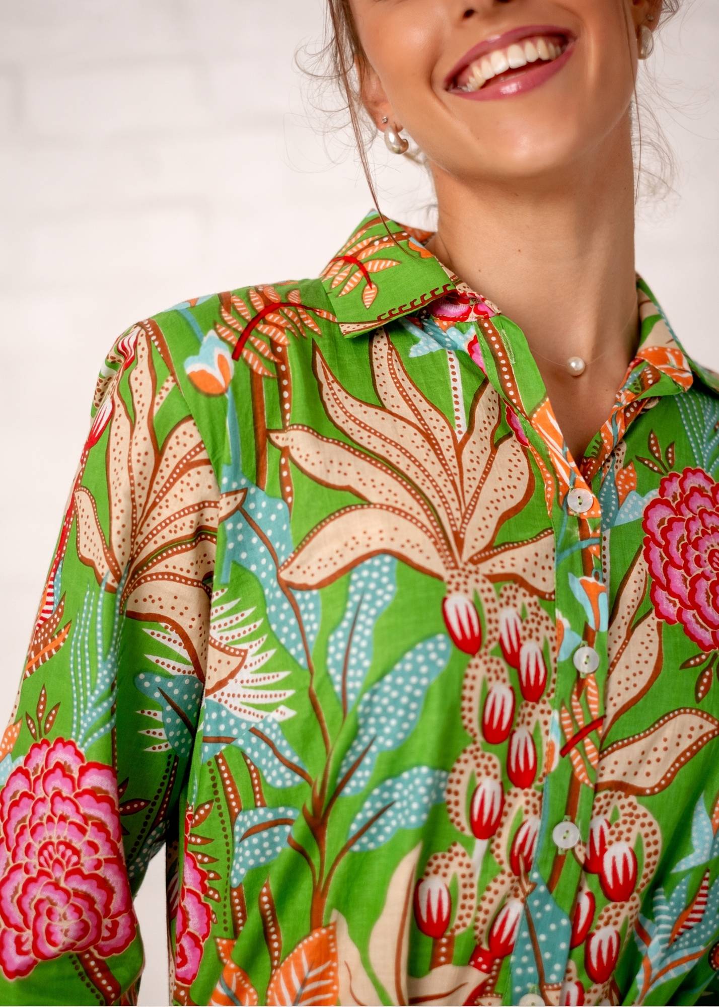 Betty Button dress, Green and Coral Garden