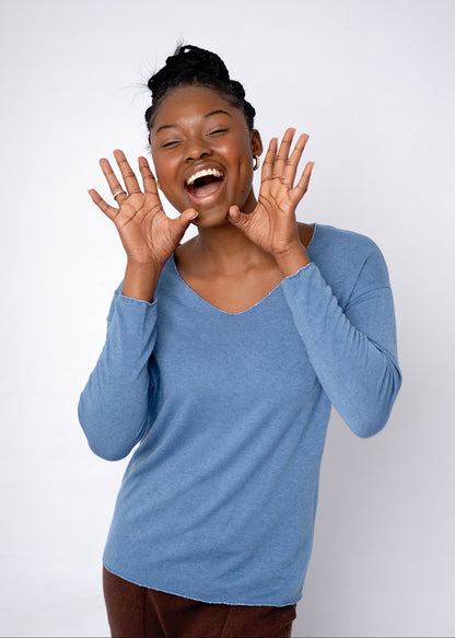 Silver Lining V-Neck Winter Weight Knit Jumper in Denim Blue