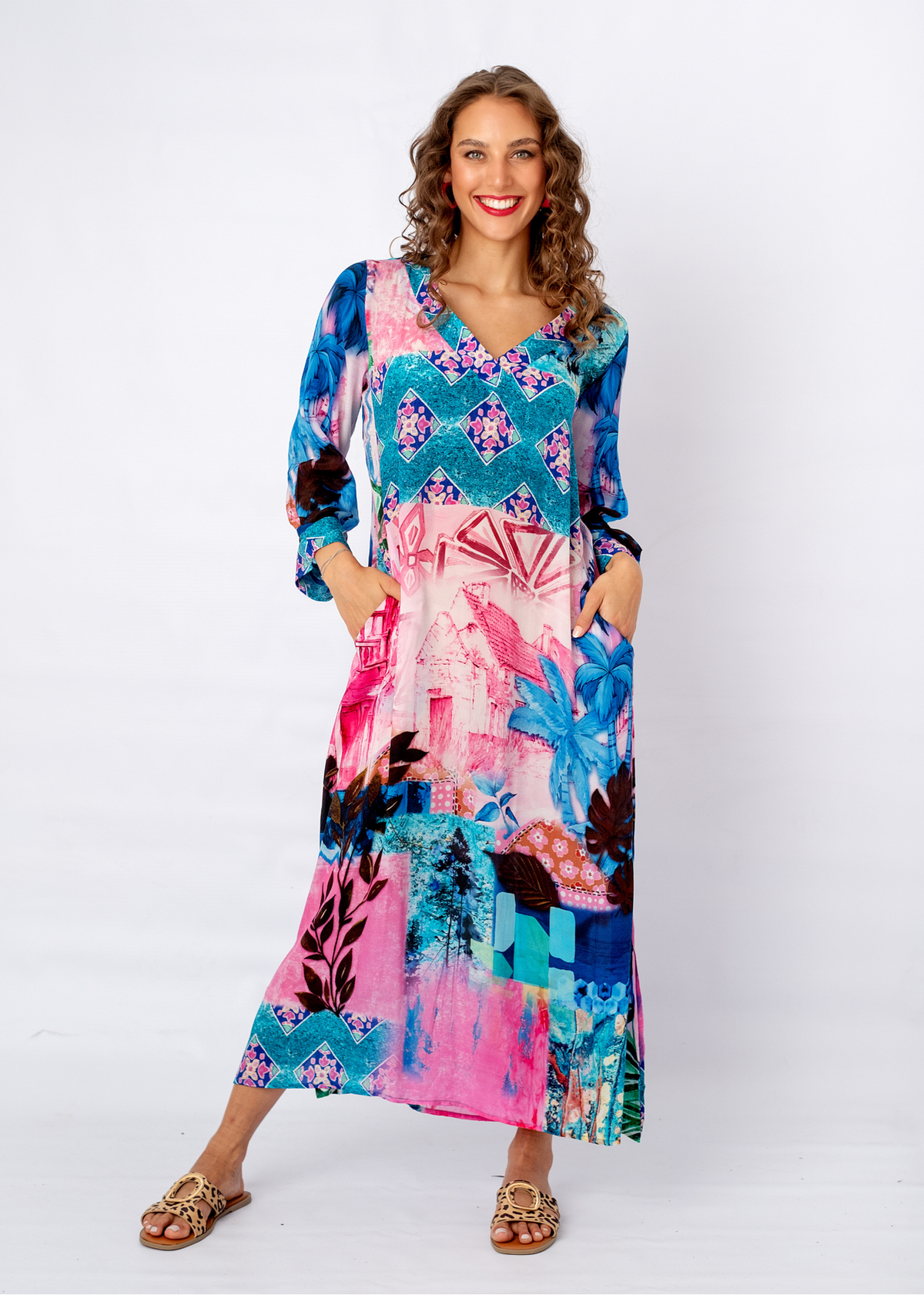 Gloria Dress in Turquoise and Pink Tile Print
