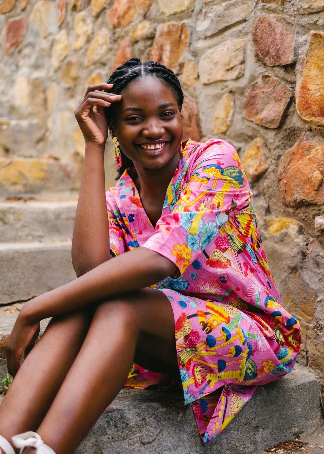 V-Neck tunic, pink mushrooms