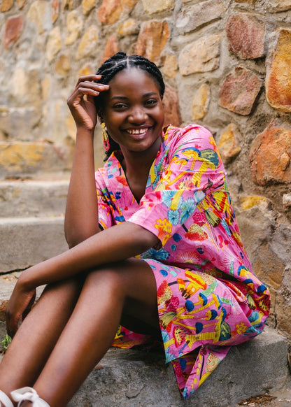 V-Neck tunic, pink mushrooms