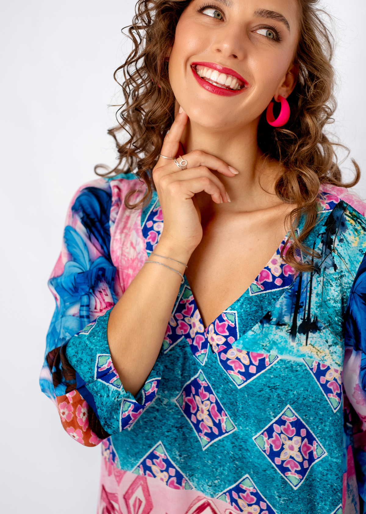 Gloria Dress in Turquoise and Pink Tile Print
