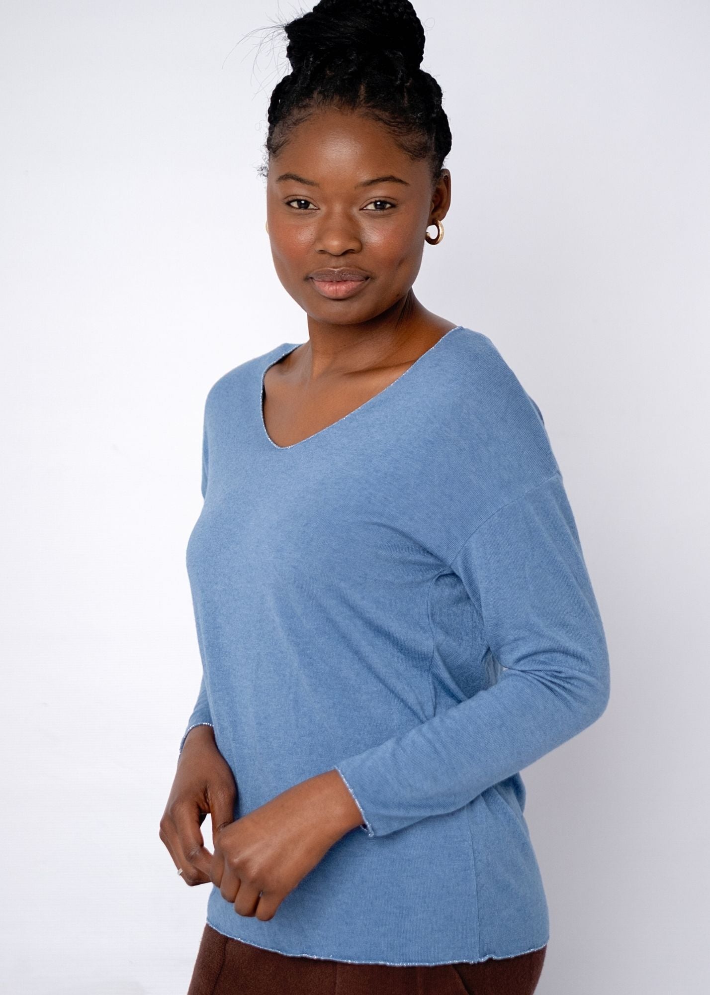 Silver Lining V-Neck Winter Weight Knit Jumper in Denim Blue