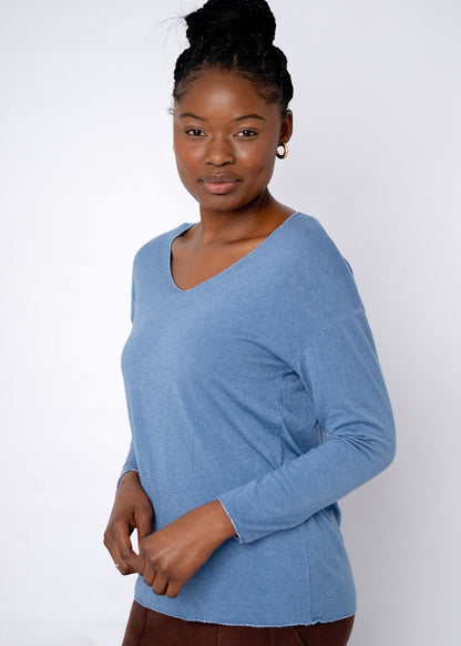 Silver Lining V-Neck Winter Weight Knit Jumper in Denim Blue
