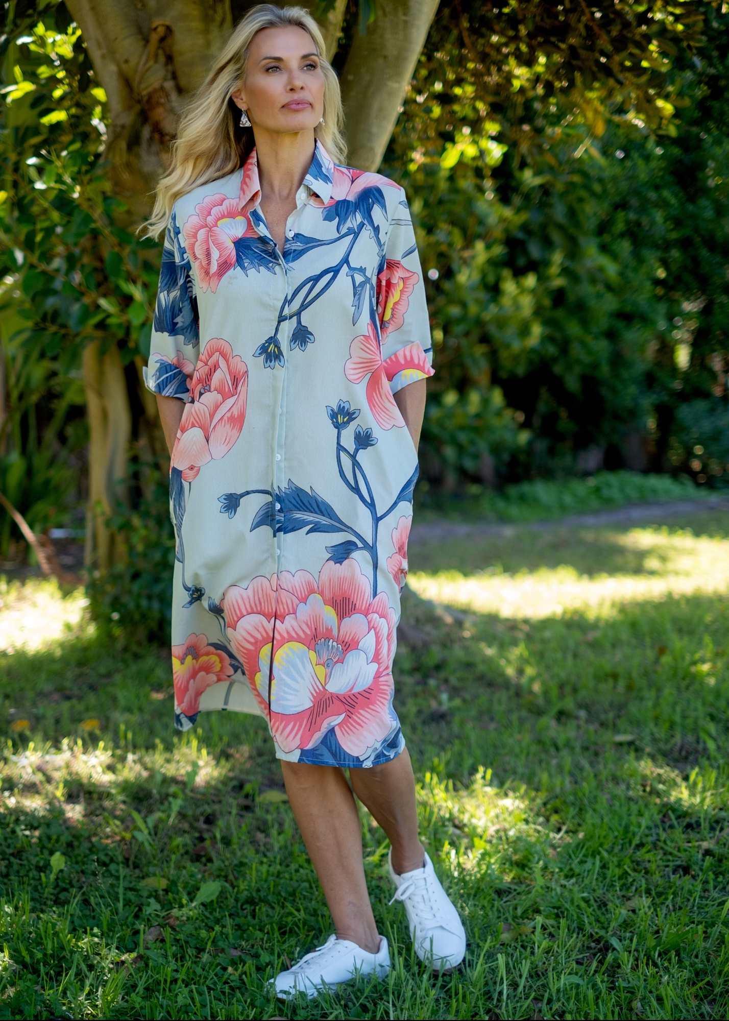 Betty Button dress in Blue with Pink Flower (A-Line) - Knee Length ***PRE-ORDER*** AVAILABLE 31 OCTOBER 2025