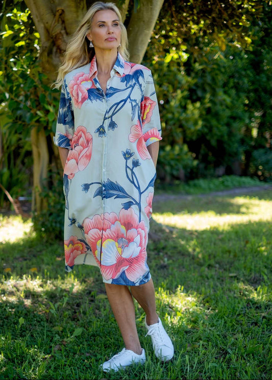 Betty Button dress in Blue with Pink Flower (A-Line) - Knee Length