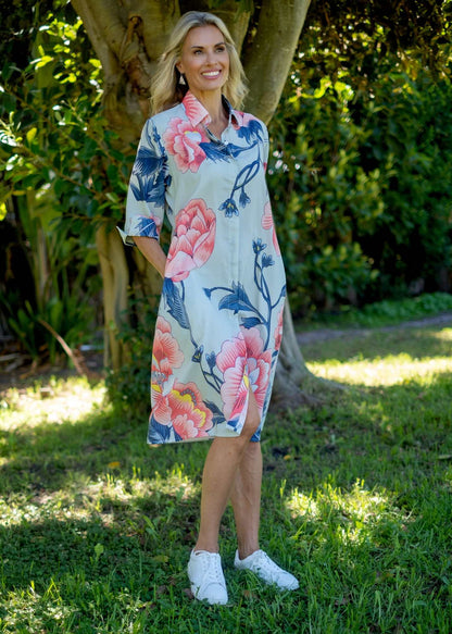 Betty Button dress in Blue with Pink Flower (A-Line) - Knee Length ***PRE-ORDER*** AVAILABLE 31 OCTOBER 2025