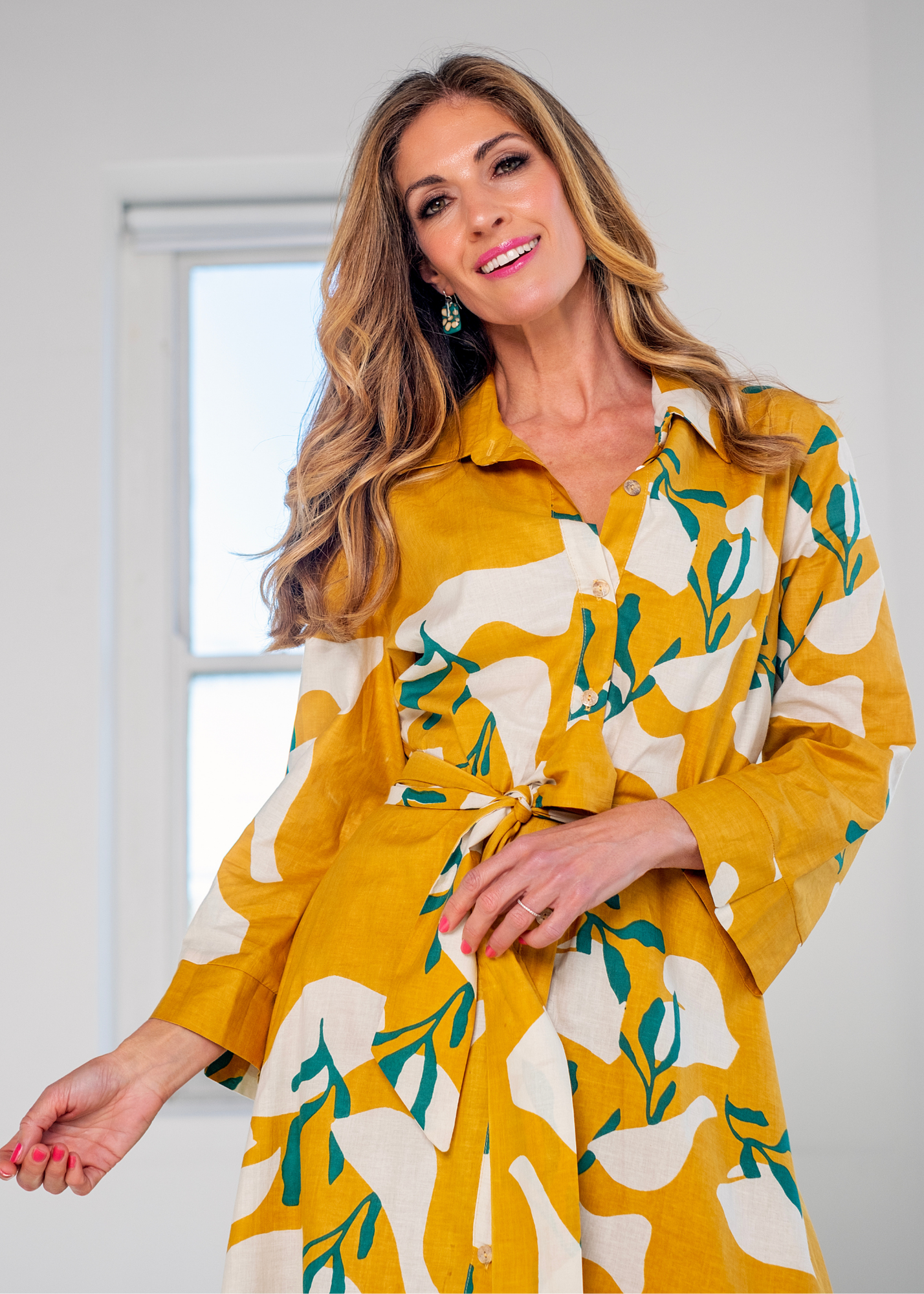 J-LO Dress, Mustard with Green Leaves