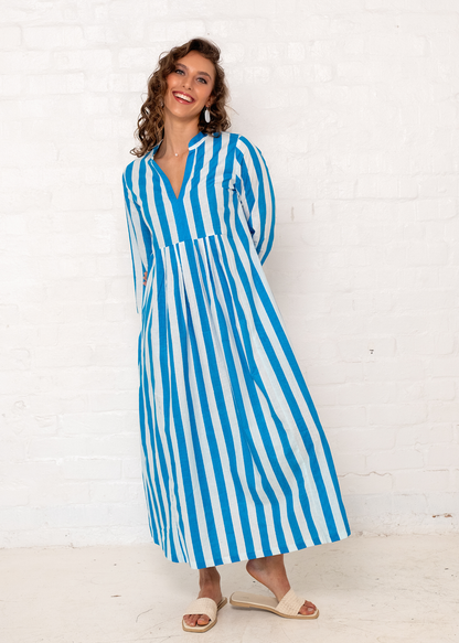 Amelia pleated dress Long, Blue Pinstripe