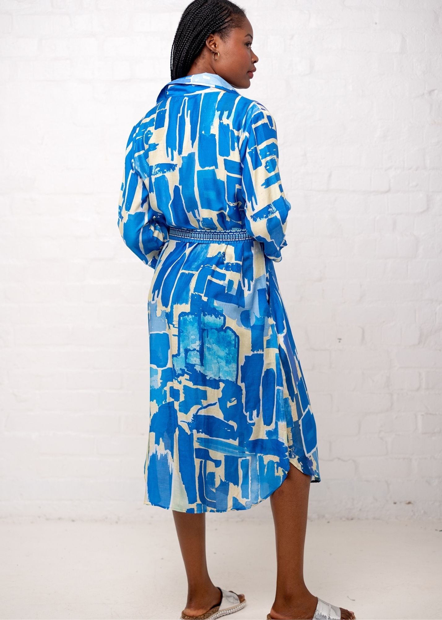 Leila Dress in Blue and White Paint Brush Strokes