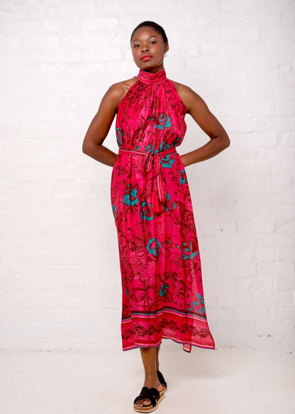 Brooke Dress in Pink with Turquoise Roses