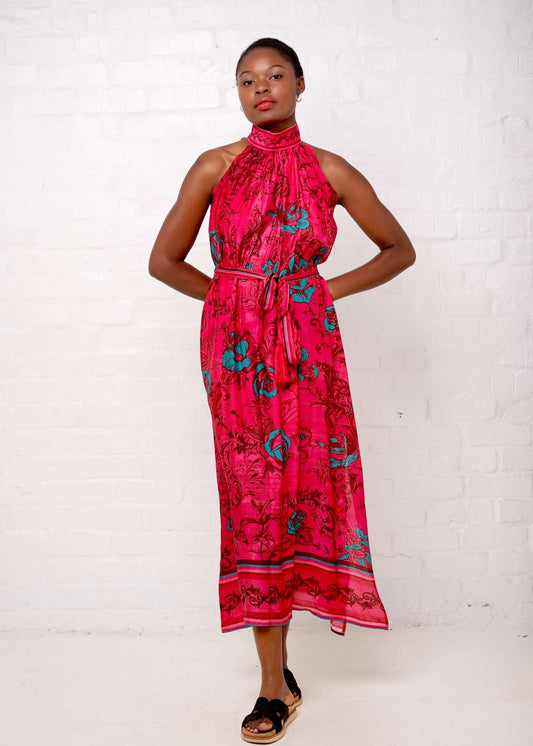 Brooke Dress in Pink with Turquoise Roses